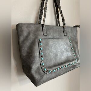 N Gil Vegan Faux Leather Large Gray Western‎ Tote Shoulder Bag Turquoise Stones